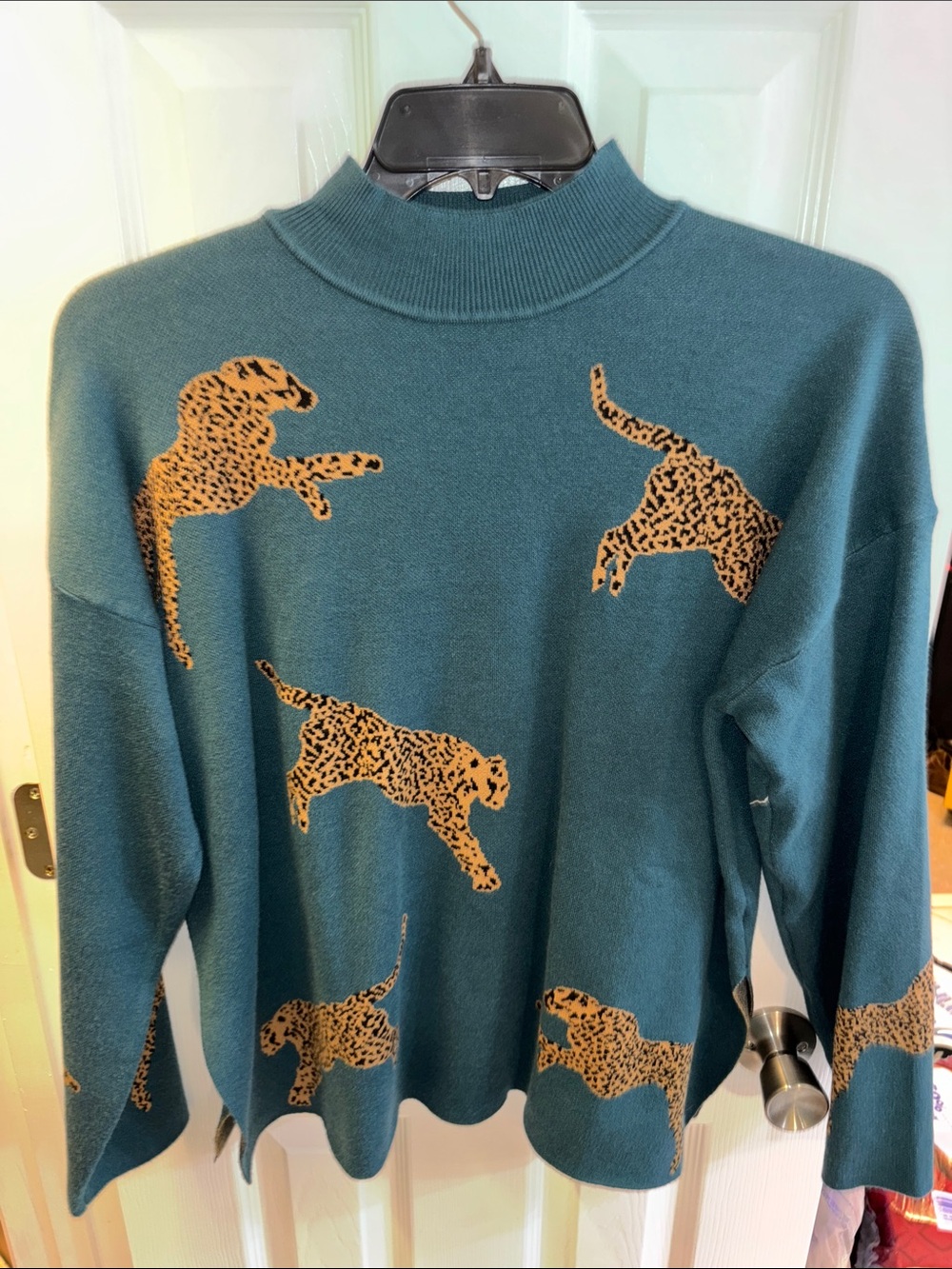 Teal Leopard Print Mock Neck Sweater